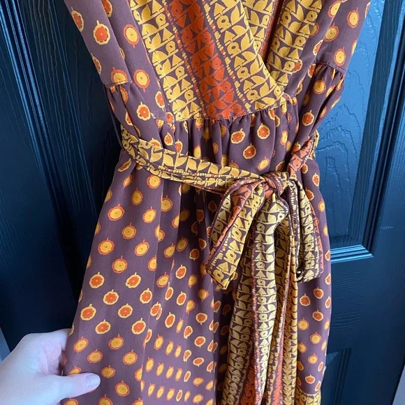 Anthropologie Anna Sui Silk Wrap Dress Brown Geometric Art Nouveau Boho-Size S - Picture 3 of 8